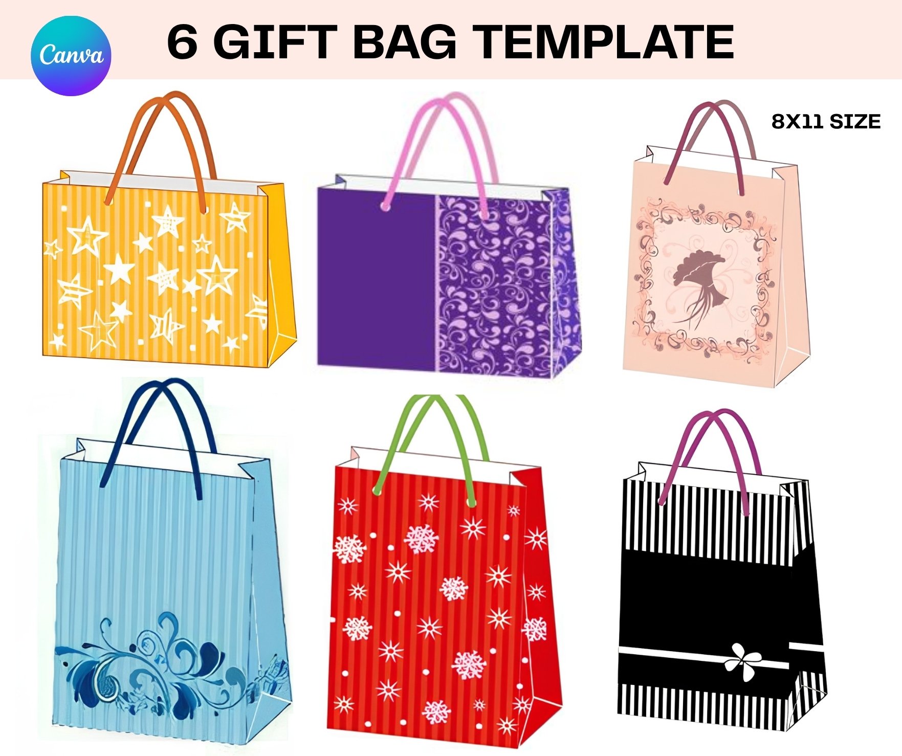 Modeling Template Bag Rounds 6 Gift Bag Templates | Printable Paper Bag Designs 8x11 | Canva ...
