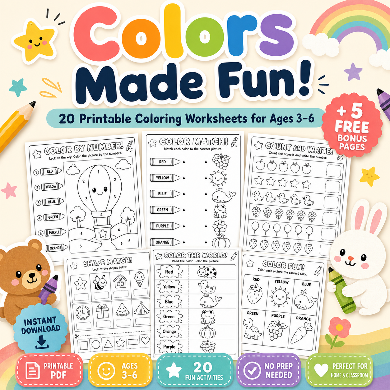 Colors Made Fun! 20 Printable Coloring Worksheets for Ages 3–6