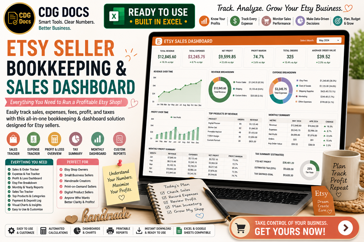 Etsy Seller Bookkeeping & Sales Tracking Excel Dashboard (Fees, Profit ...