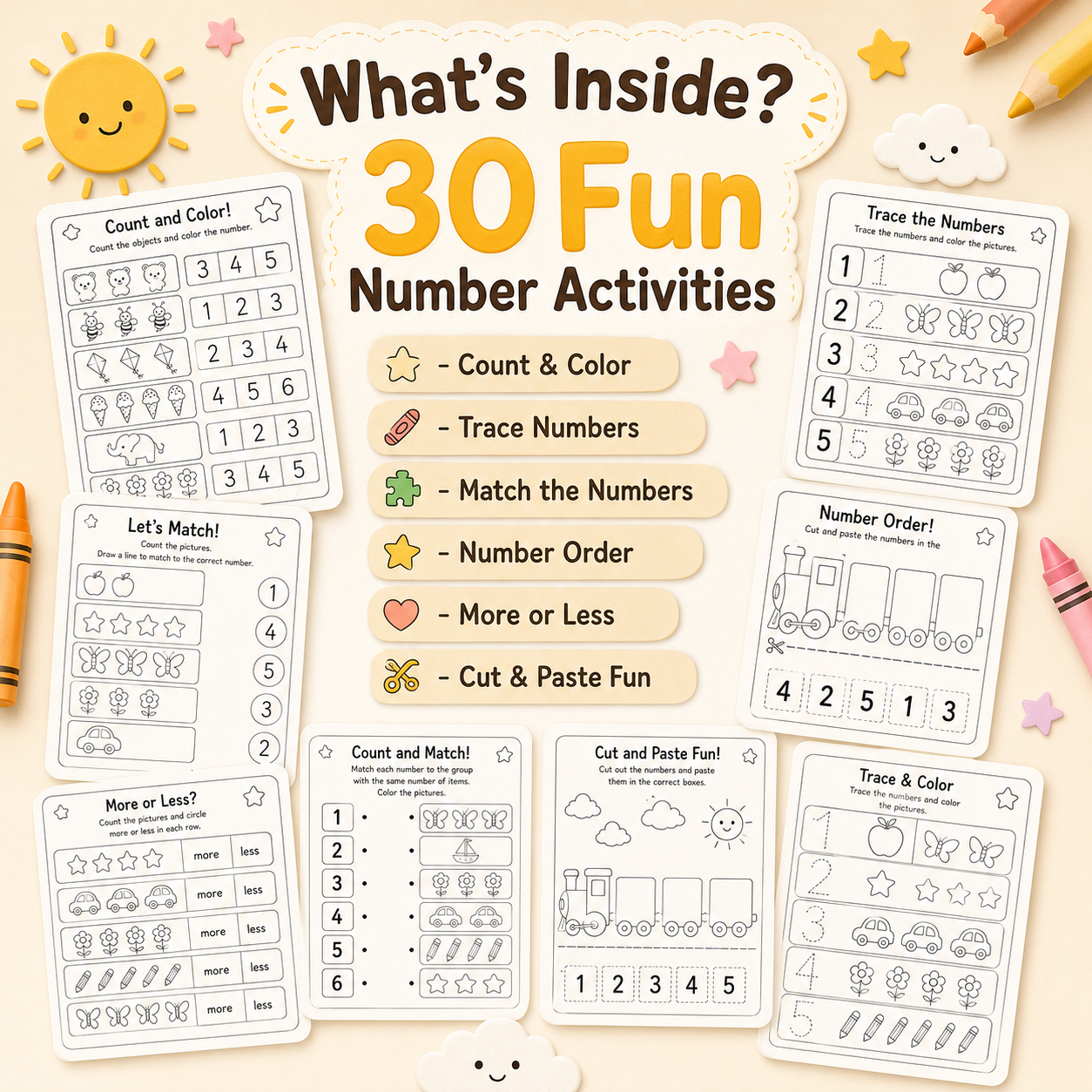 Numbers Made Fun! 20 Printable Coloring Worksheets for Ages 3–6