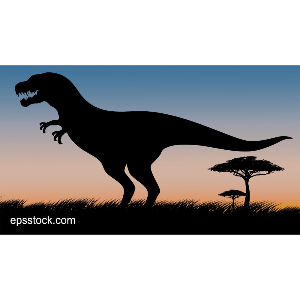 tyrannosaurus rex on safari at sunset, color vector illustration