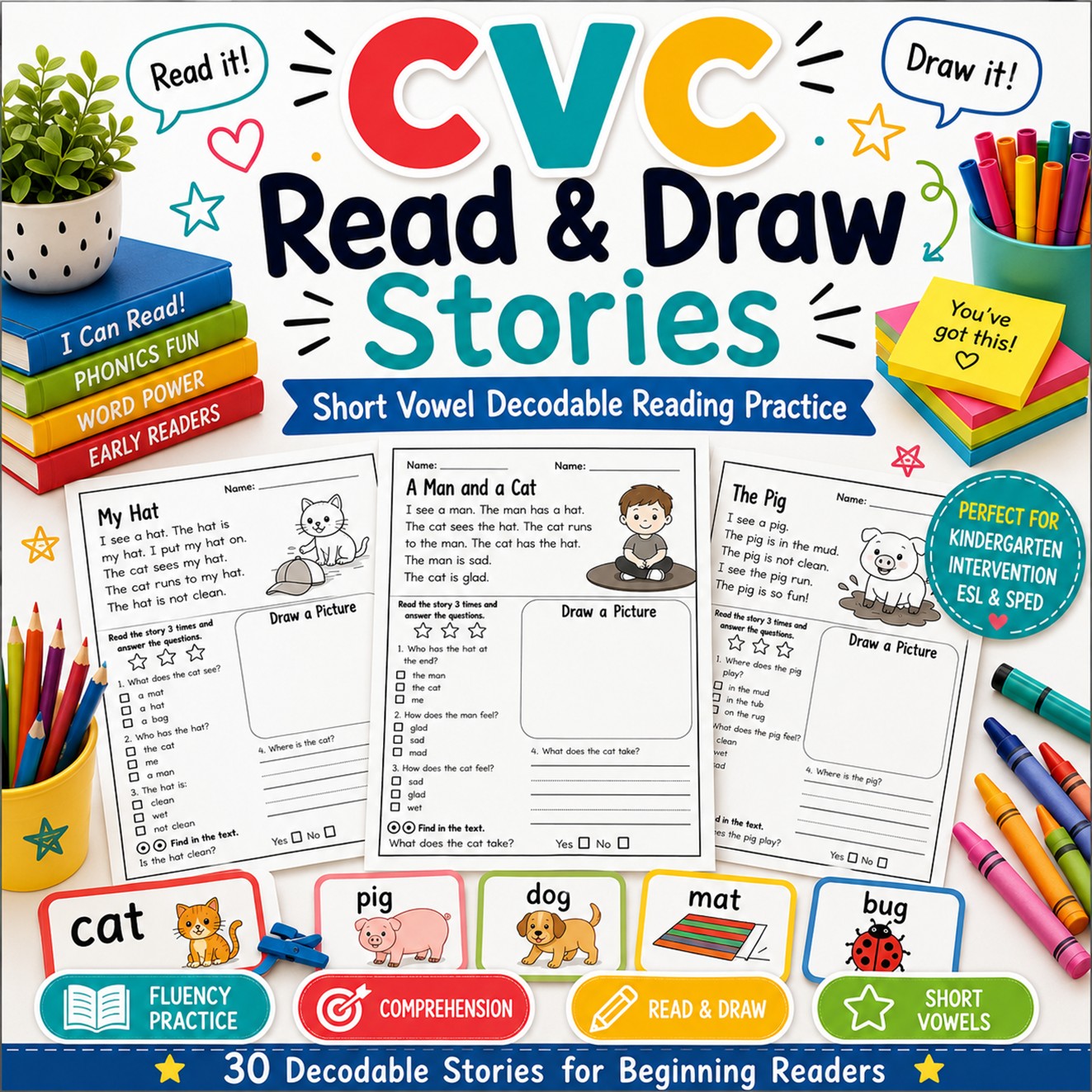 CVC Reading Passage Bundle Decodable Fluency Sentences Short Vowels Set ...