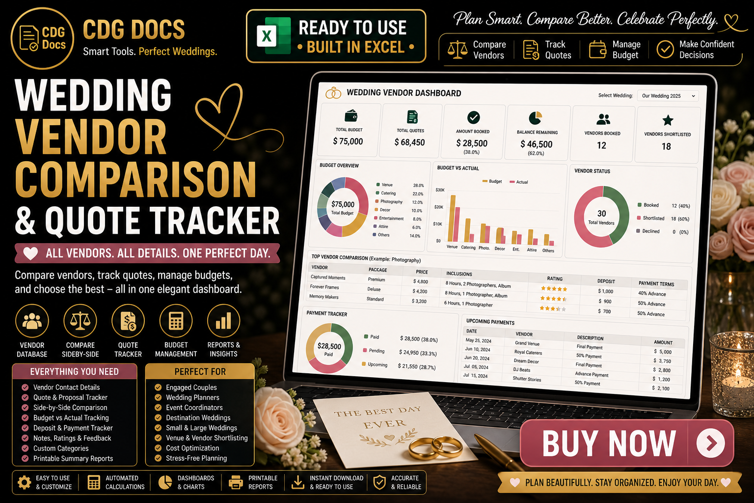 Comparison Quote Layout Wedding Vendor Comparison & Quote Tracker Excel Dashboard (Packages ...