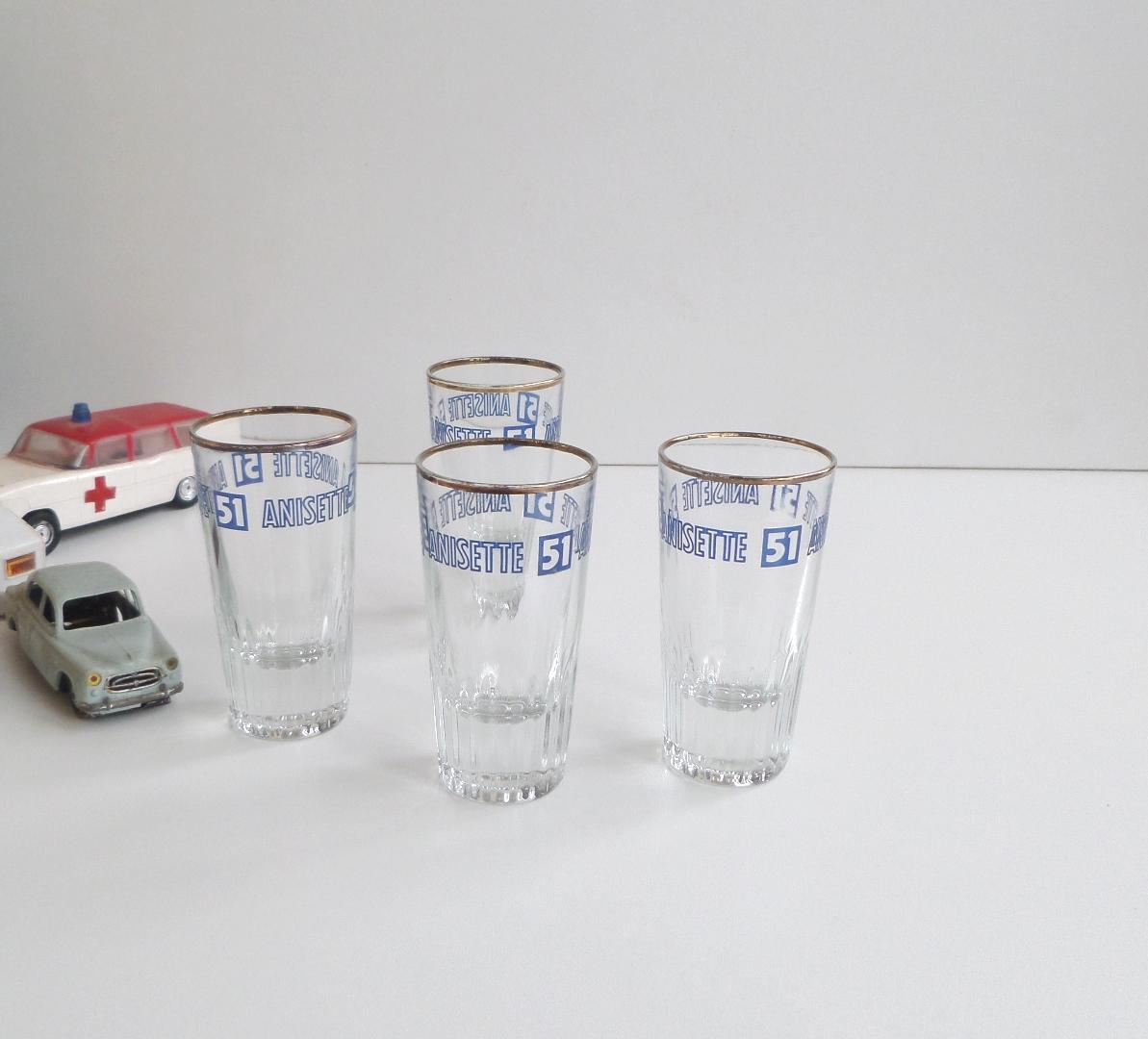 set of four Vintage French Anisette 51 glasses with gilded rim