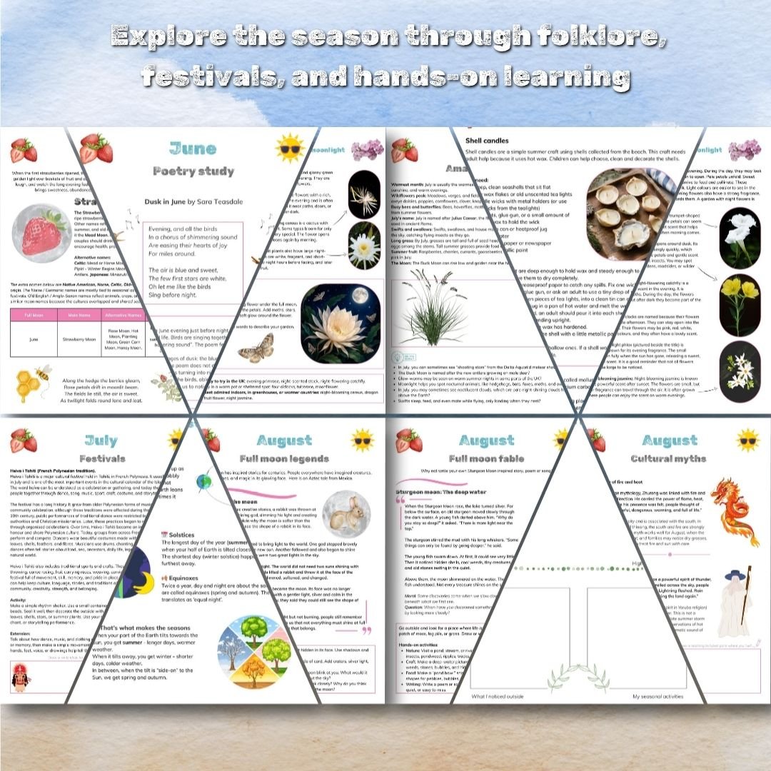 Preview pages from the Summer Moons Pack showing full moon names, summer crafts, folklore, festivals, art study and nature journalling activities | Dartmoor Kin