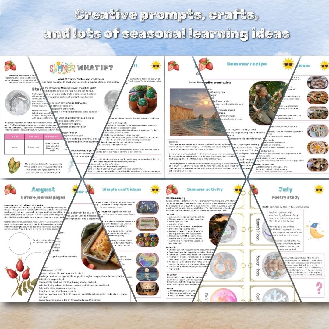 Preview pages from the Summer Moons Pack showing full moon names, summer crafts, folklore, festivals, art study and nature journalling activities | Dartmoor Kin