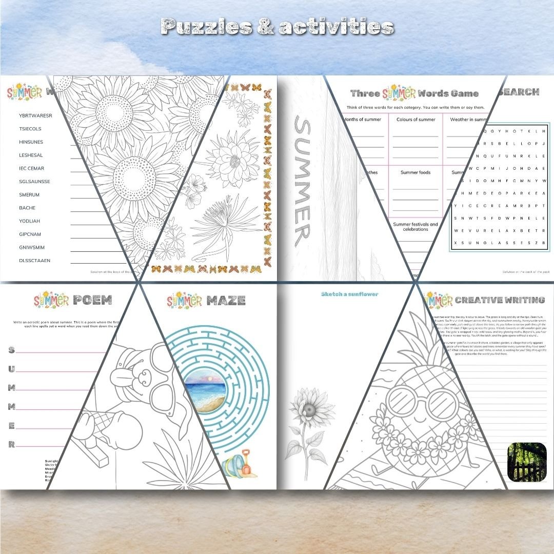 Preview pages from the Summer Moons Pack showing summer crafts, coloring and puzzle activities | Dartmoor Kin