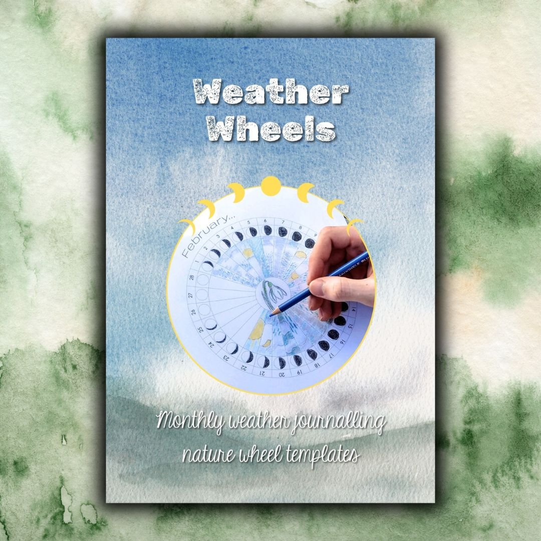 Printable weather wheel with daily moon phases, coloured weather sketches