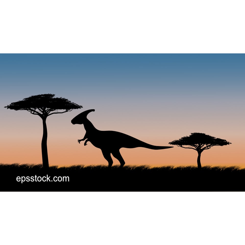 Saurolophus on safari at sunset, color vector illustration