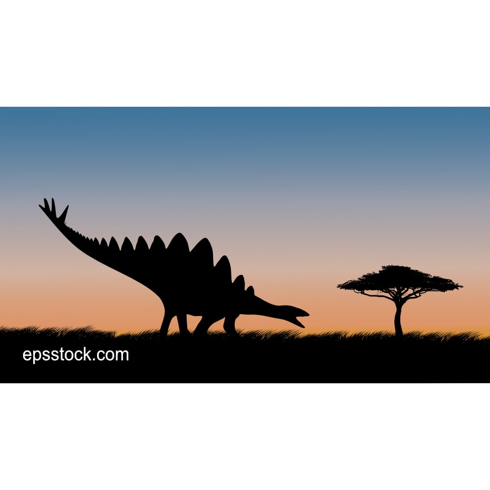 Stegosaurus on safari at sunset, color vector illustration