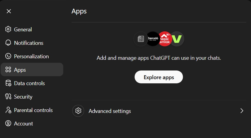 Apps On ChatGPT Settings Navigation
