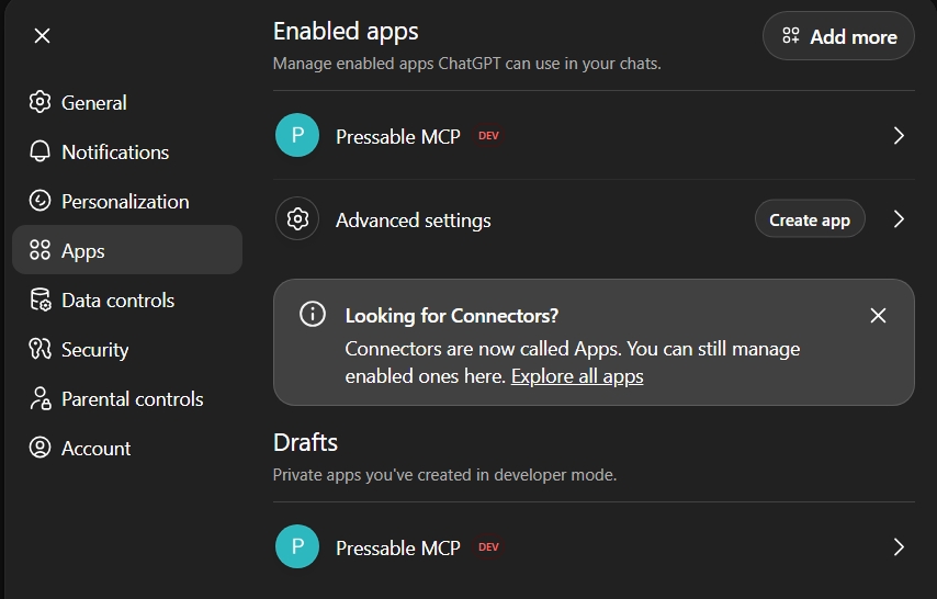 Successful Pressable MCP app connection with my ChatGPT account