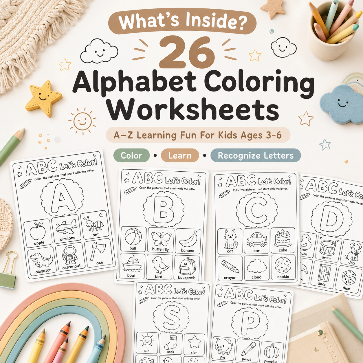 ABC Let’s Color! Printable Alphabet Coloring Worksheets for Kids Ages 3–6 | Learn Letters A–Z the Fun Way