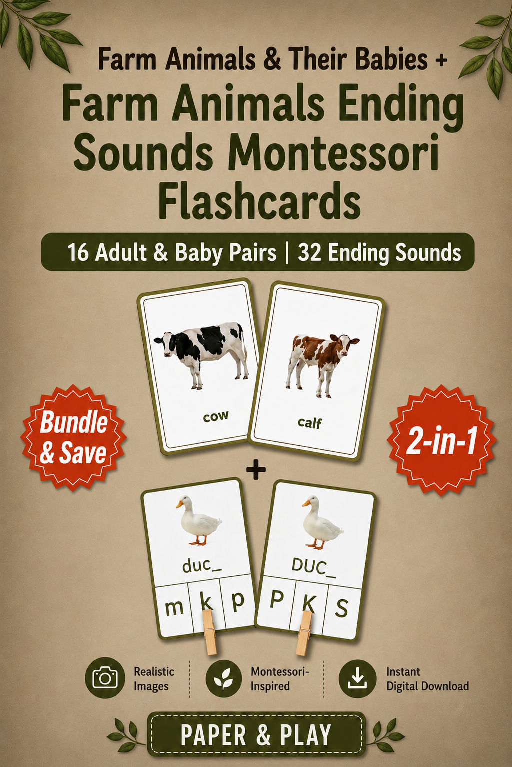 A 2-product farm animal educational bundle for children featuring 32 realistic animal "Mom and Baby" matching flashcards and 32 alphabet clip cards for practicing ending sounds.