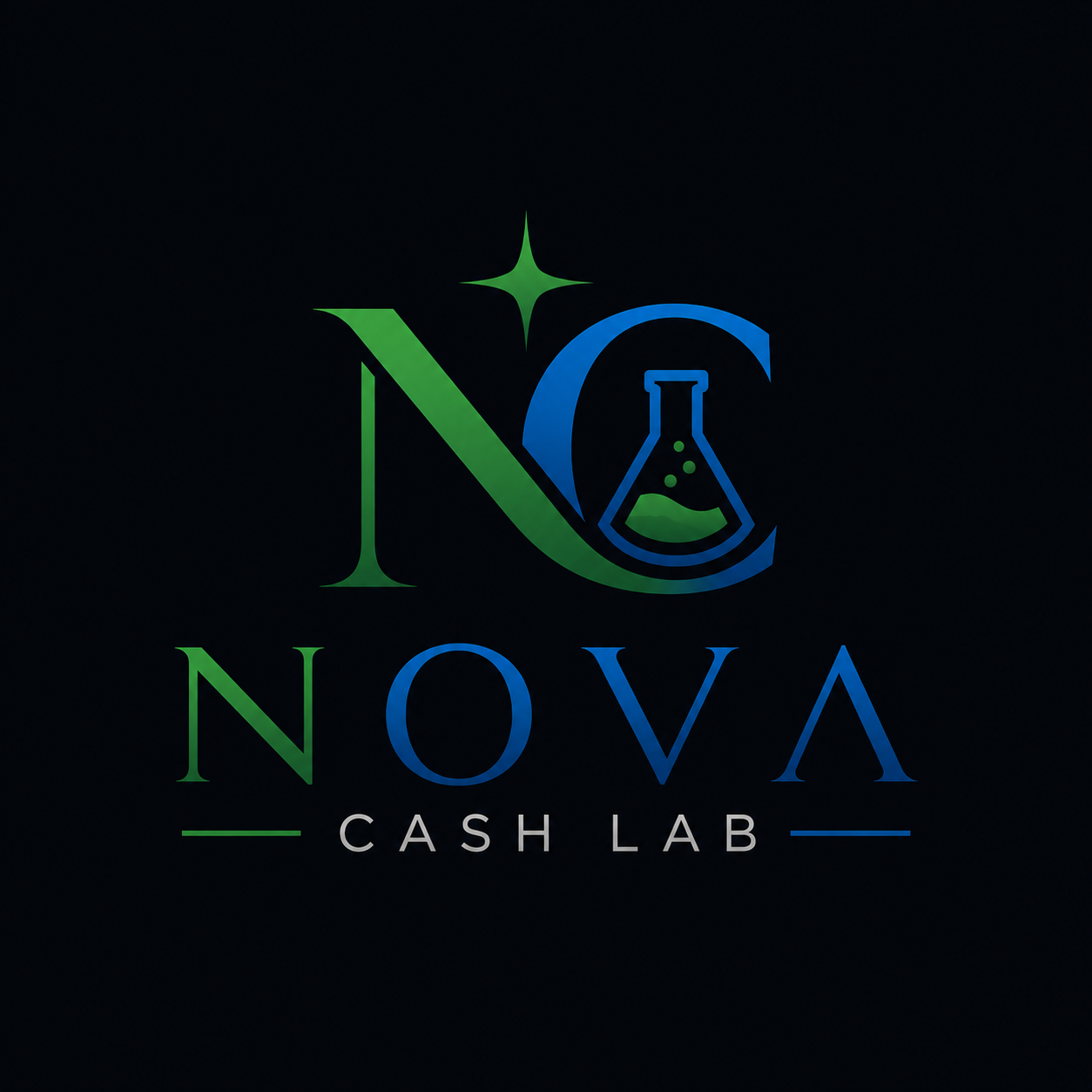 The Nova Cash Lab logo was designed to communicate trust, innovation, and financial intelligence in a single mark. The centerpiece is a custom “NC” monogram, where the bold green “N” symbolizes growth, momentum, and wealth creation, while the deep blue “C” represents stability, professionalism, and trust. Integrated into the design is a sleek laboratory flask, reinforcing the idea that Nova Cash Lab is a place where strategies, ideas, and income systems are tested and refined like a science.
