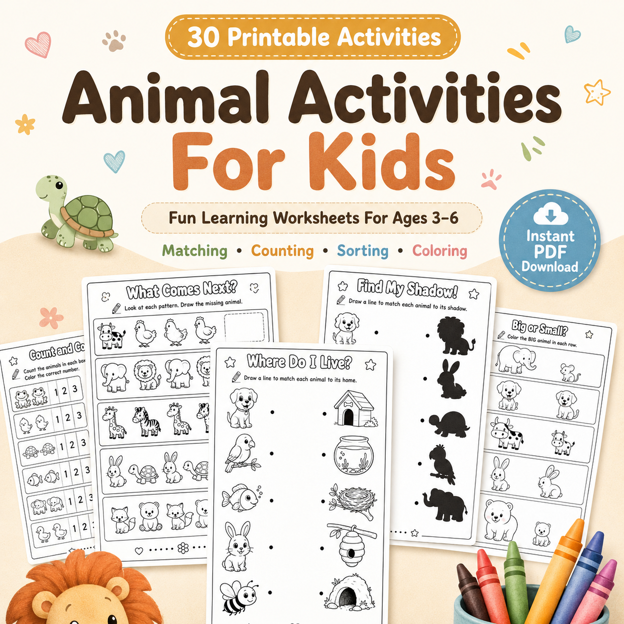Animal Activities for Kids Ages 3–6 | 30 Printable Worksheets PDF + PNG Bundle