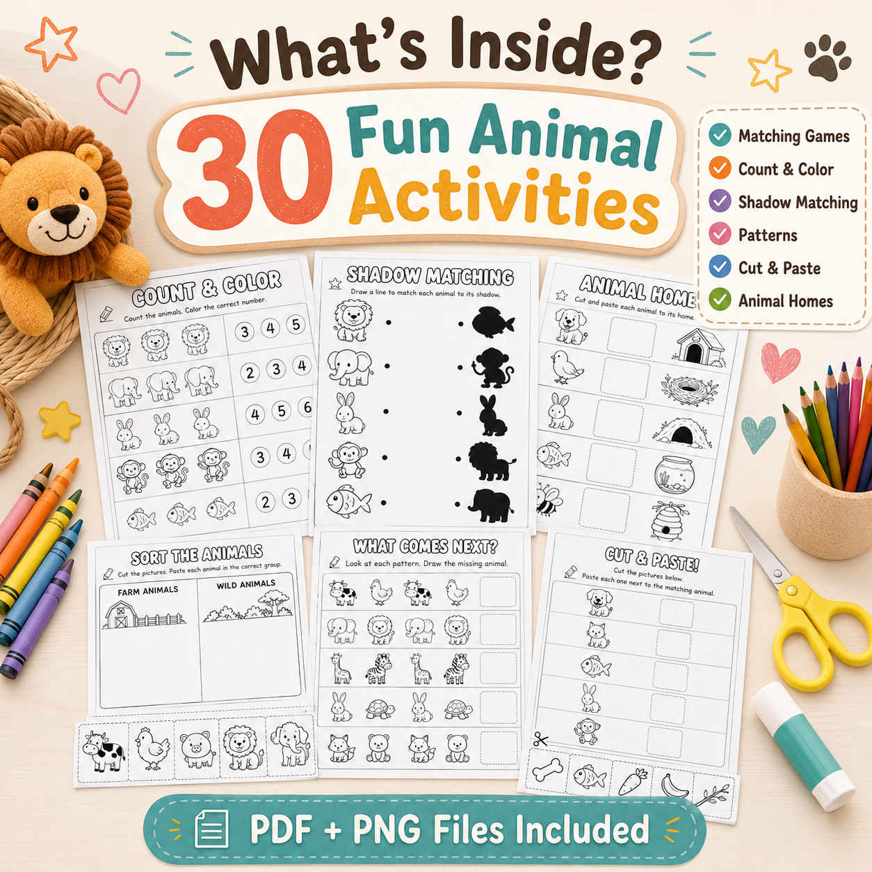 Animal Activities for Kids Ages 3–6 | 30 Printable Worksheets PDF + PNG Bundle