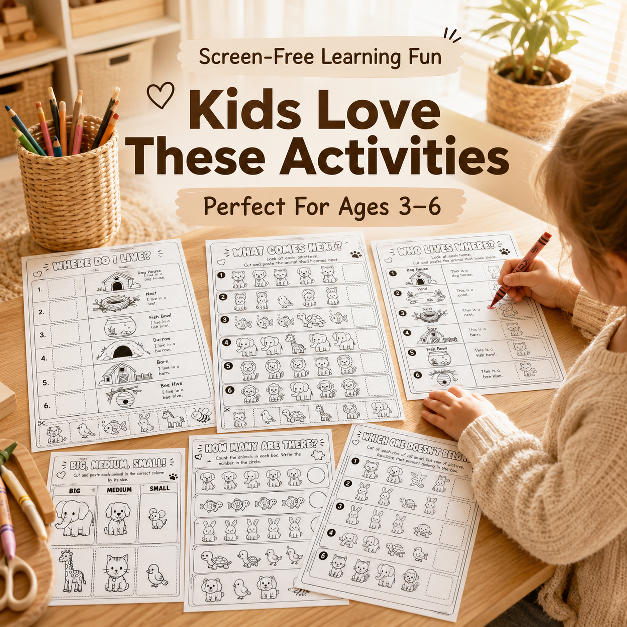 Animal Activities for Kids Ages 3–6 | 30 Printable Worksheets PDF + PNG Bundle