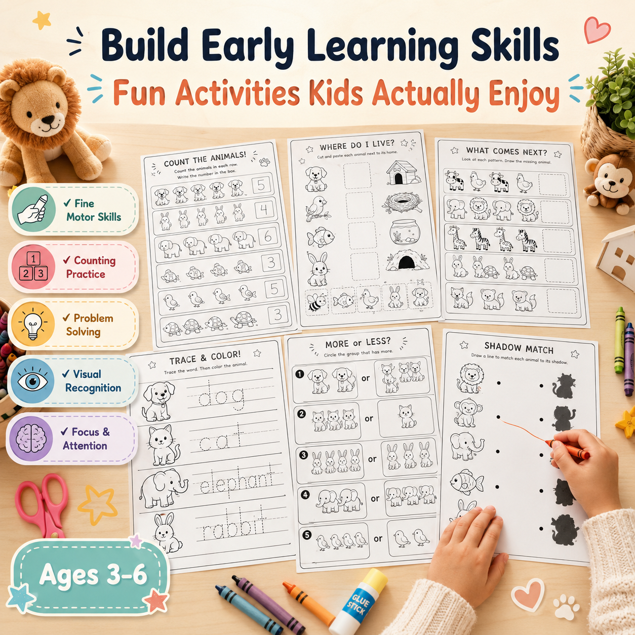 Animal Activities for Kids Ages 3–6 | 30 Printable Worksheets PDF + PNG Bundle