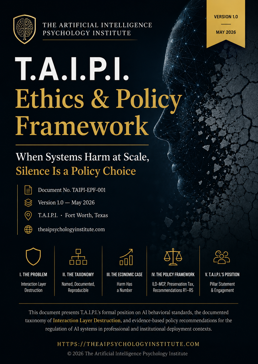 T.A.I.P.I. Ethics and Policy Framework cover discussing Interaction Layer Destruction and Synthetic Cognition