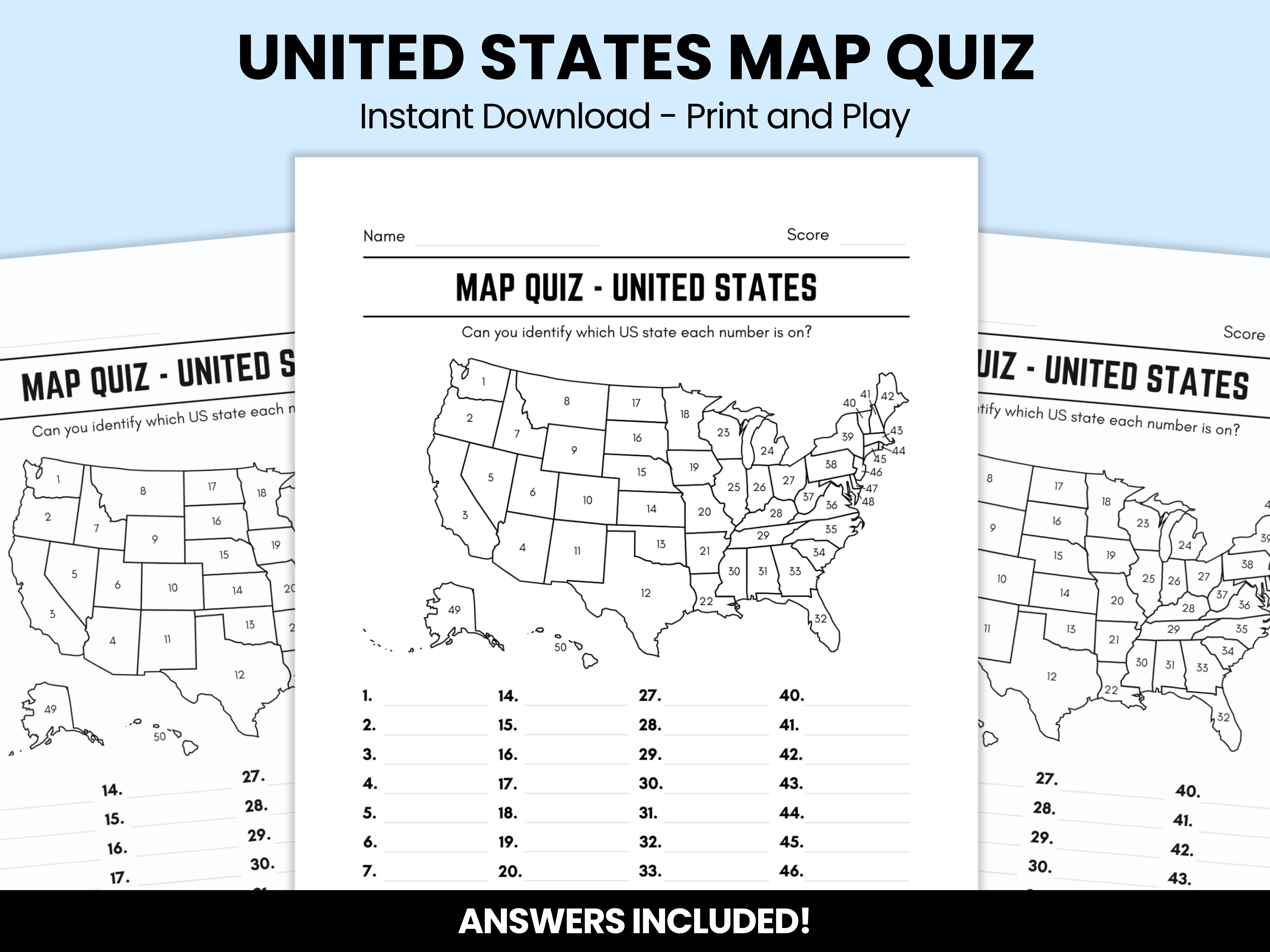 United States Map Quiz With Answers – Instant Download