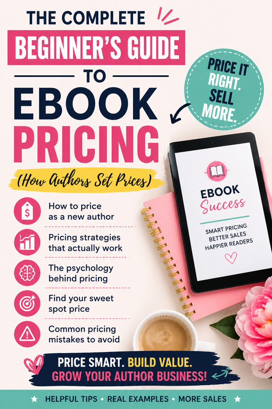 Pinterest infographic titled “The Complete Beginner’s Guide to Ebook Pricing (How Authors Set Prices)” featuring ebook pricing tips for new authors, pricing psychology strategies, common pricing mistakes, and ways to increase ebook sales. The design includes a tablet mockup, checklist icons, notebook, coffee cup, and bright pink and blue branding elements aimed at digital product creators and self-published authors.