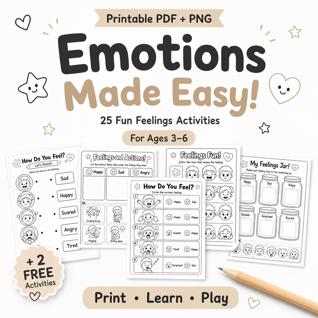 Emotions Made Easy! – 25 Printable Feelings Activities for Kids Ages 3–6 | PDF + PNG Bundle + 2 FREE Bonus Activities