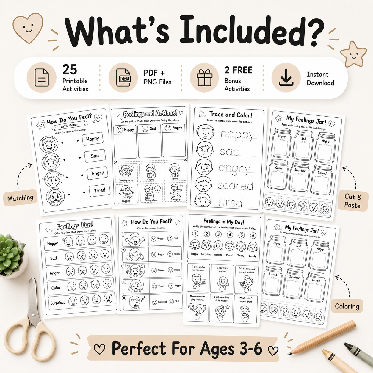 Emotions Made Easy! – 25 Printable Feelings Activities for Kids Ages 3–6 | PDF + PNG Bundle + 2 FREE Bonus Activities