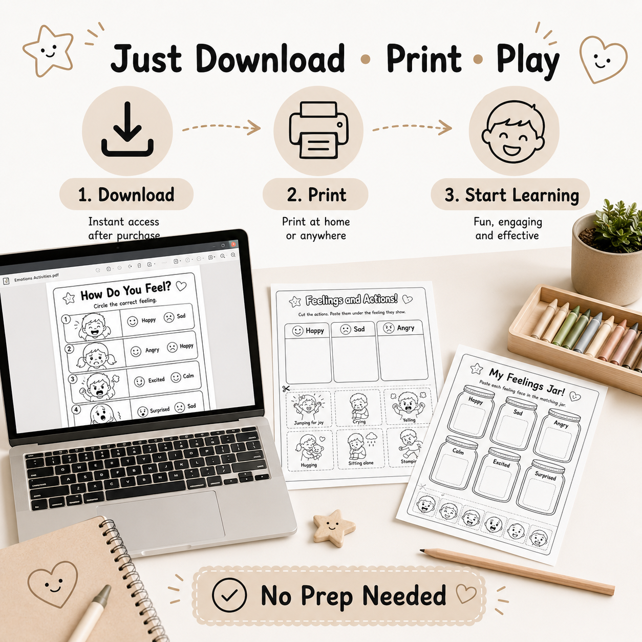 Emotions Made Easy! – 25 Printable Feelings Activities for Kids Ages 3–6 | PDF + PNG Bundle + 2 FREE Bonus Activities