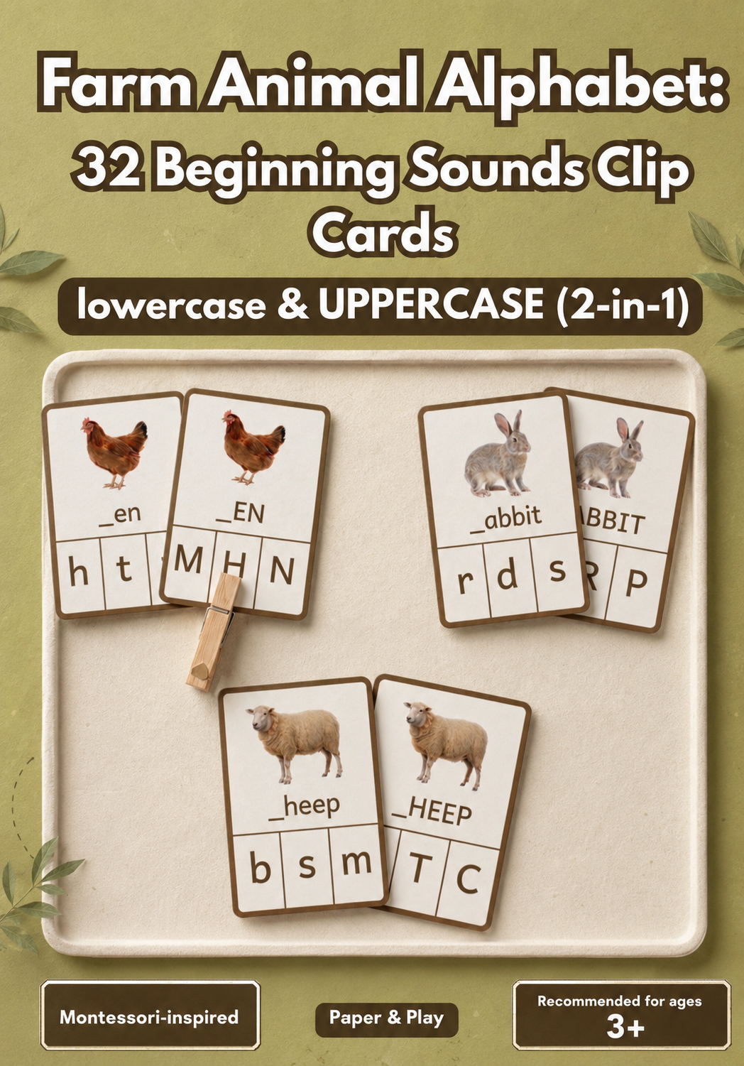 A set of 32 Montessori-inspired alphabet clip cards featuring realistic farm animal images and a beginning sounds matching activity for kids.