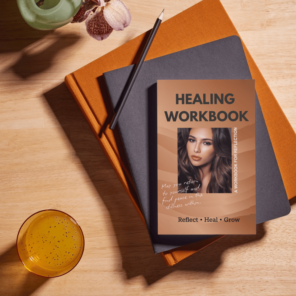 Minimal aesthetic healing journal workbook cover in warm brown tones with self-reflection and wellness theme.