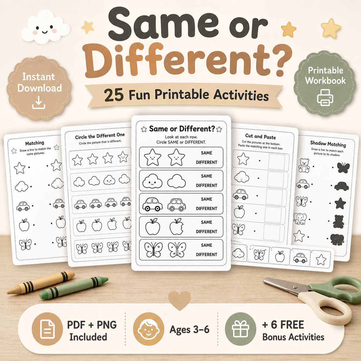Same or Different? – 25 Fun Printable Activities for Kids Ages 3–6 | PDF + PNG Bundle + 6 FREE Bonus Activities