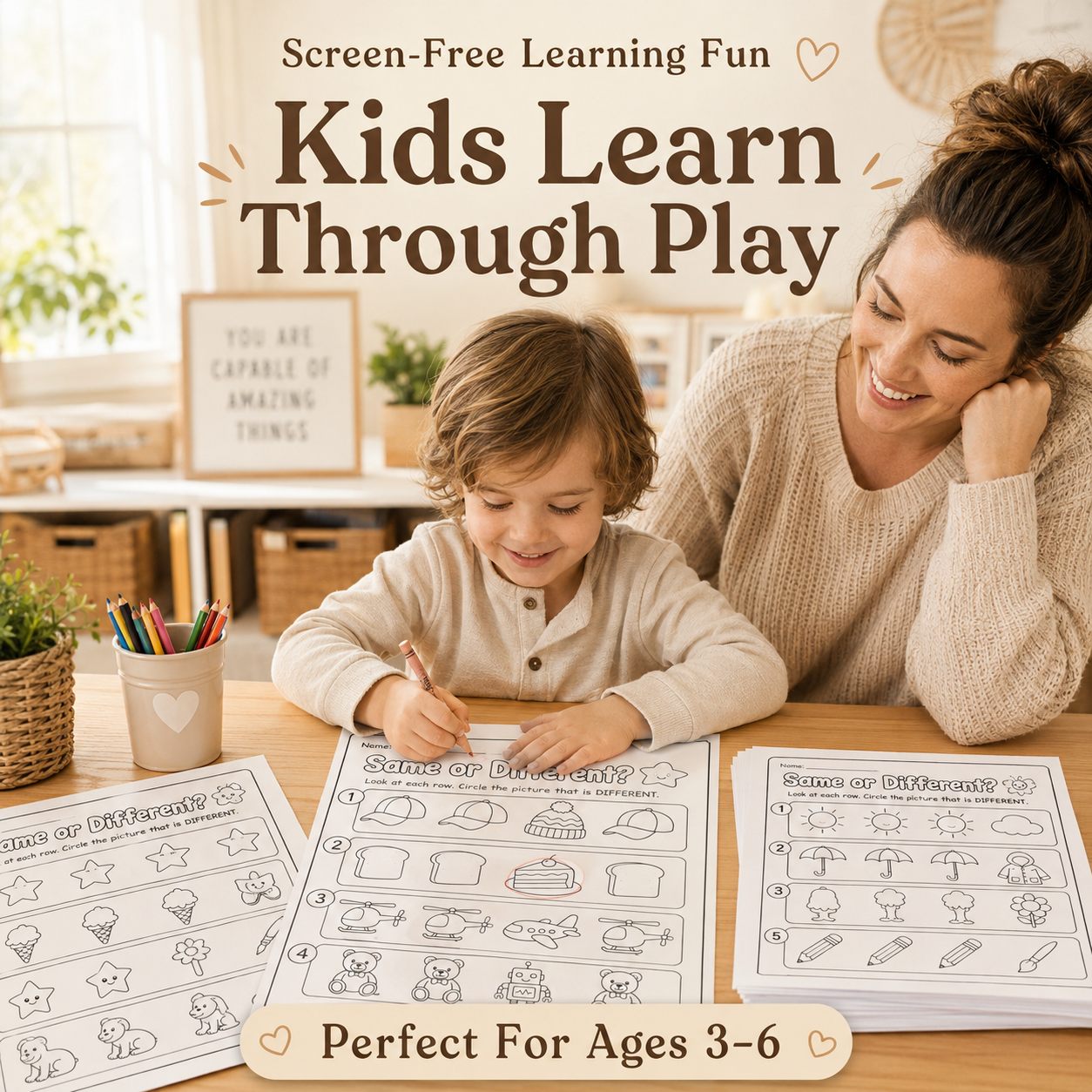 Same or Different? – 25 Fun Printable Activities for Kids Ages 3–6 | PDF + PNG Bundle + 6 FREE Bonus Activities
