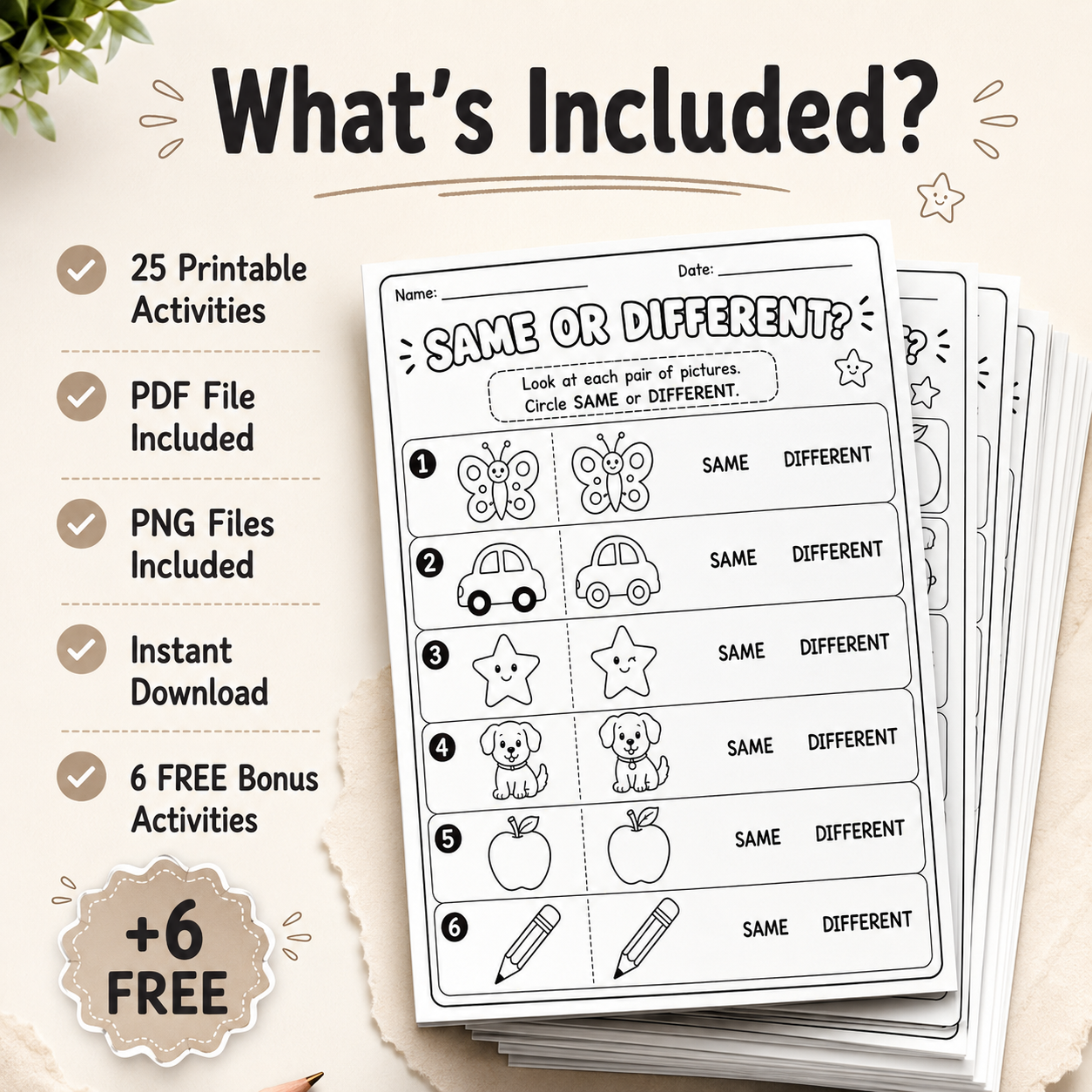 Same or Different? – 25 Fun Printable Activities for Kids Ages 3–6 | PDF + PNG Bundle + 6 FREE Bonus Activities