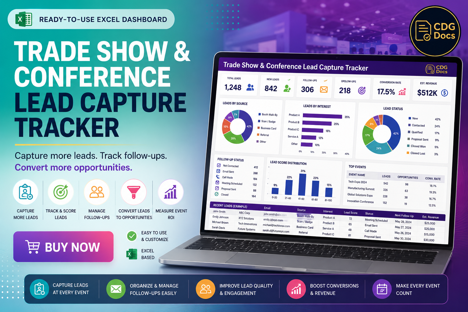 Conference File Tracker Trade Show & Conference Lead Capture Tracker Excel Dashboard (Booth ...