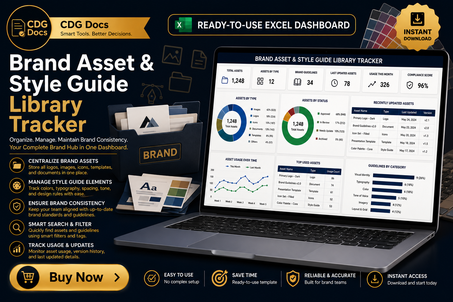Brand Asset & Style Guide Library Tracker Excel Dashboard (Logos, Fonts ...