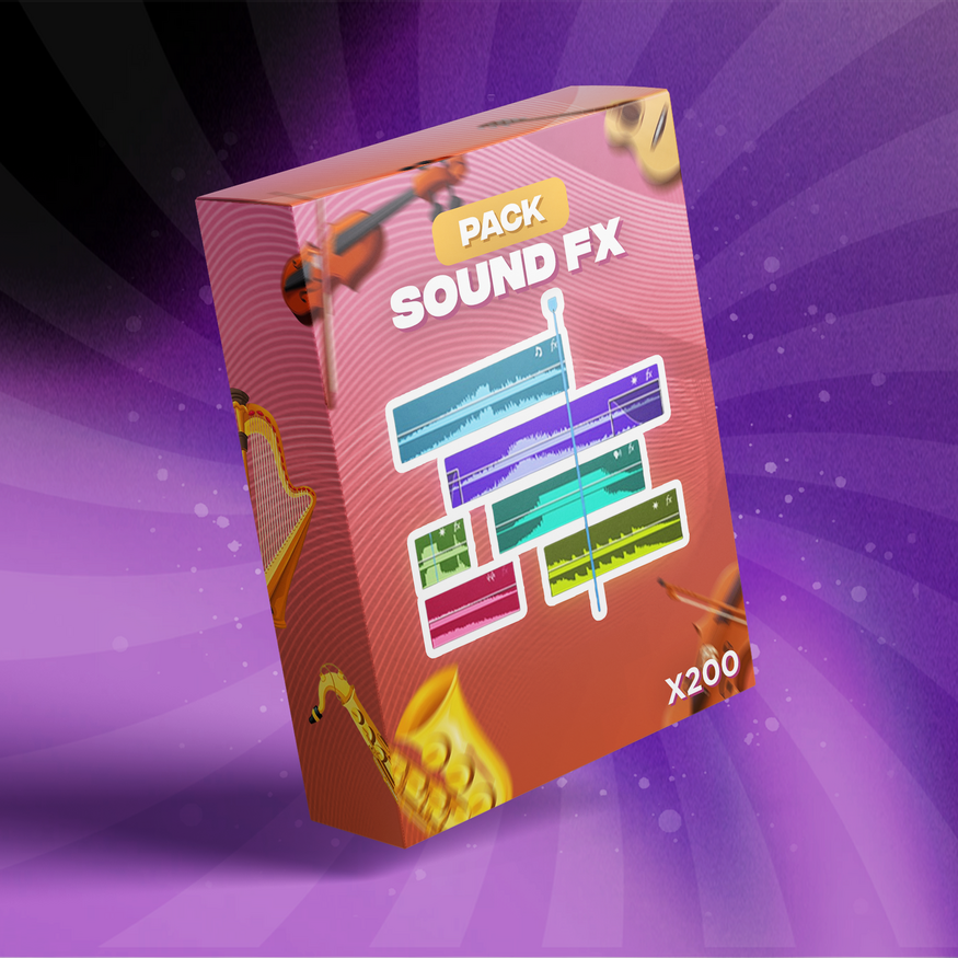 Illustration sur fond violet présentant une boîte du pack d'effets sonores, avec différentes bandes de sons de couleurs représentant les +200 effets sonores variés pensés pour les monteurs