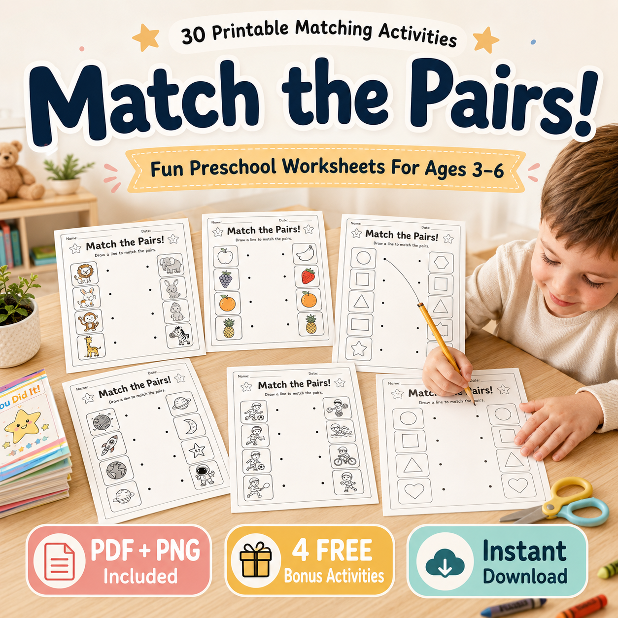30 Fun Printable Matching Activities for Kids Ages 3–6 | PDF + PNG Bundle + 4 FREE Bonus Activities