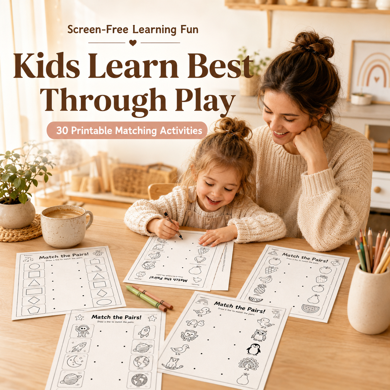 30 Fun Printable Matching Activities for Kids Ages 3–6 | PDF + PNG Bundle + 4 FREE Bonus Activities