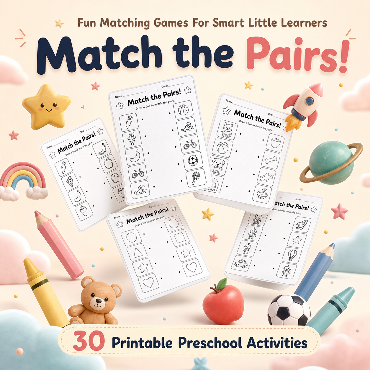 30 Fun Printable Matching Activities for Kids Ages 3–6 | PDF + PNG Bundle + 4 FREE Bonus Activities