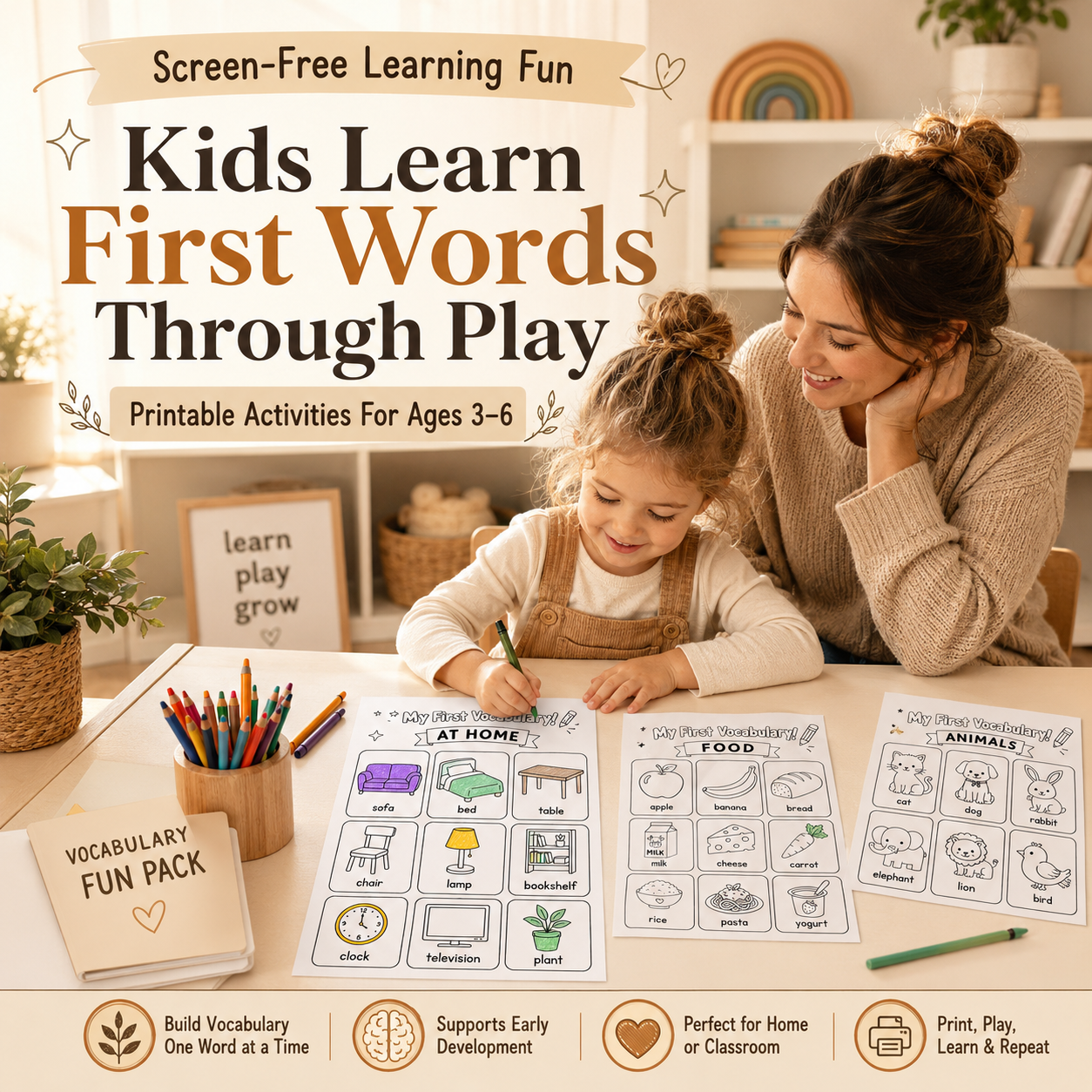 My First Vocabulary! 20 Fun Printable Activities for Kids Ages 3–6 | PDF + PNG Bundle + 3 FREE Bonus Pages