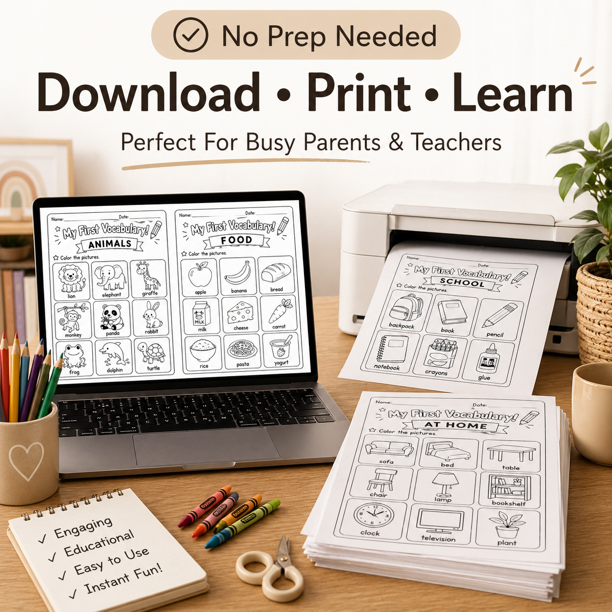 My First Vocabulary! 20 Fun Printable Activities for Kids Ages 3–6 | PDF + PNG Bundle + 3 FREE Bonus Pages