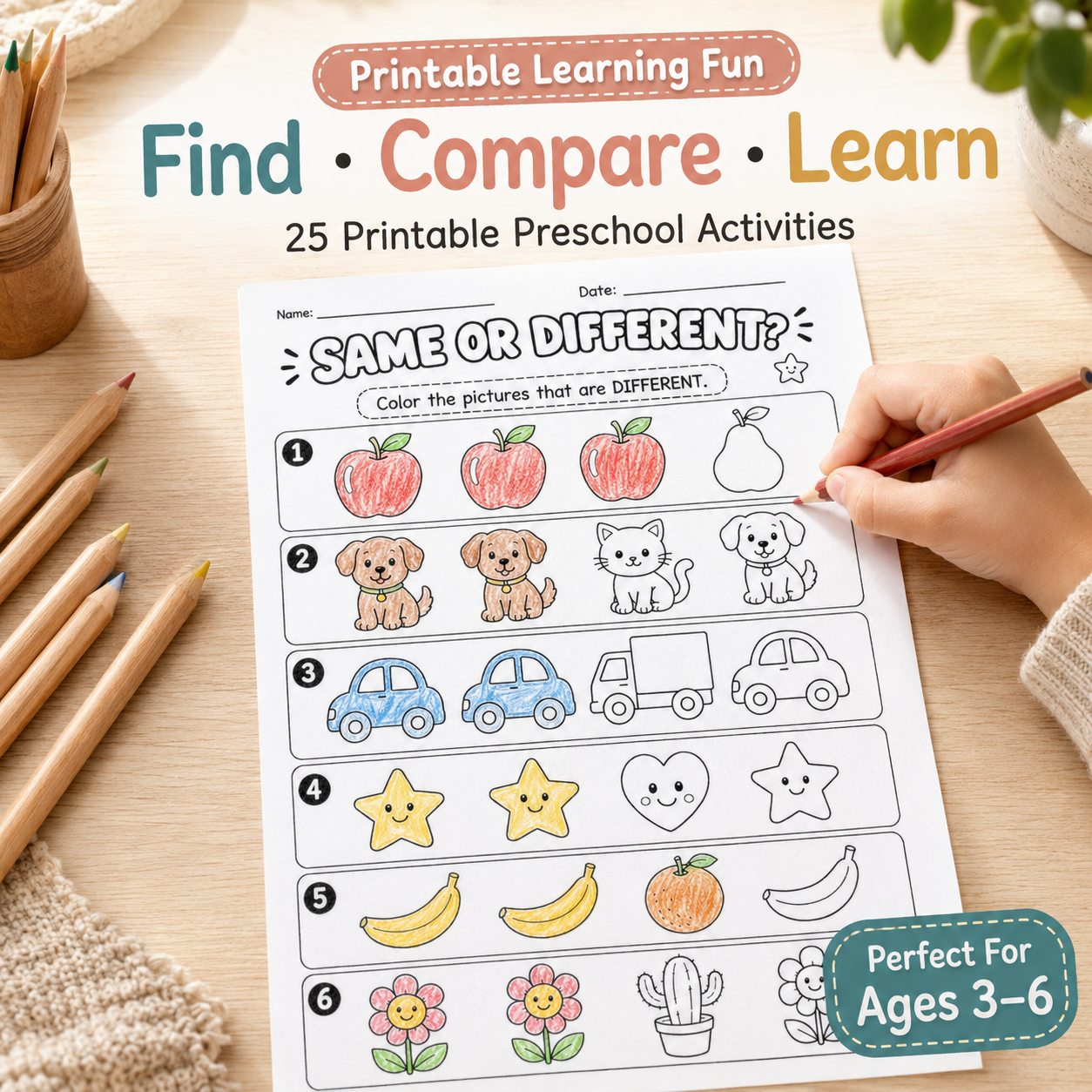 Same or Different? – 25 Fun Printable Activities for Kids Ages 3–6 | PDF + PNG Bundle + 6 FREE Bonus Activities