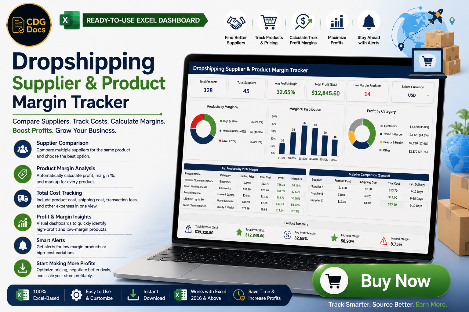 Dropshipping Supplier & Product Margin Tracker Excel Dashboard (COGS ...