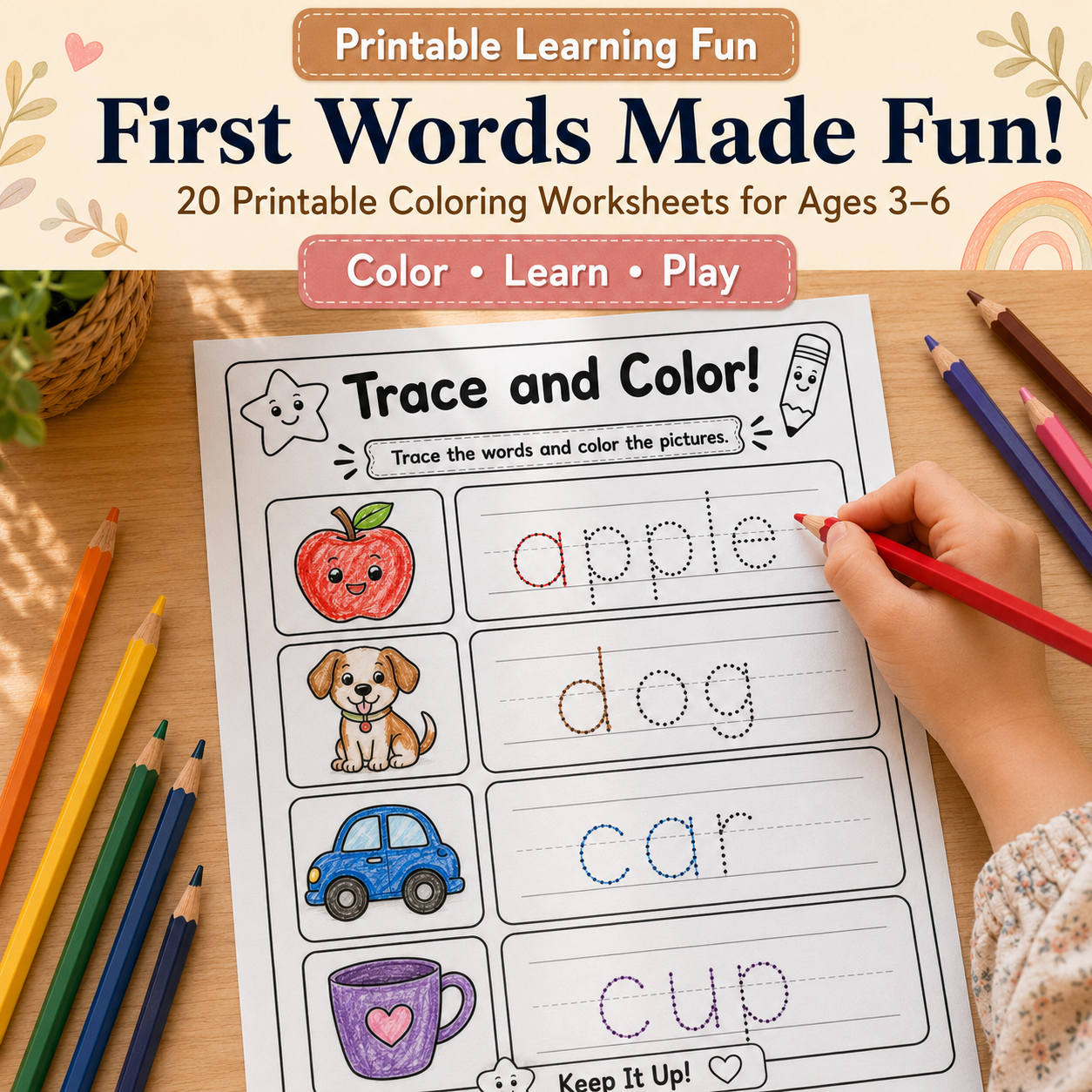 First Words Made Fun! 20 Printable Coloring Worksheets for Ages 3–6