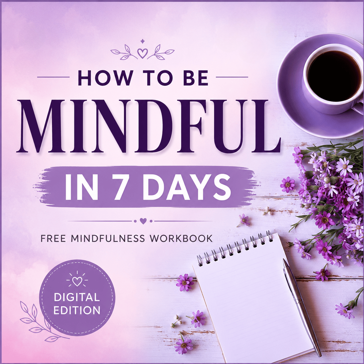 Aesthetic purple mindfulness workbook cover featuring flowers, a notebook, and calming self-care theme.