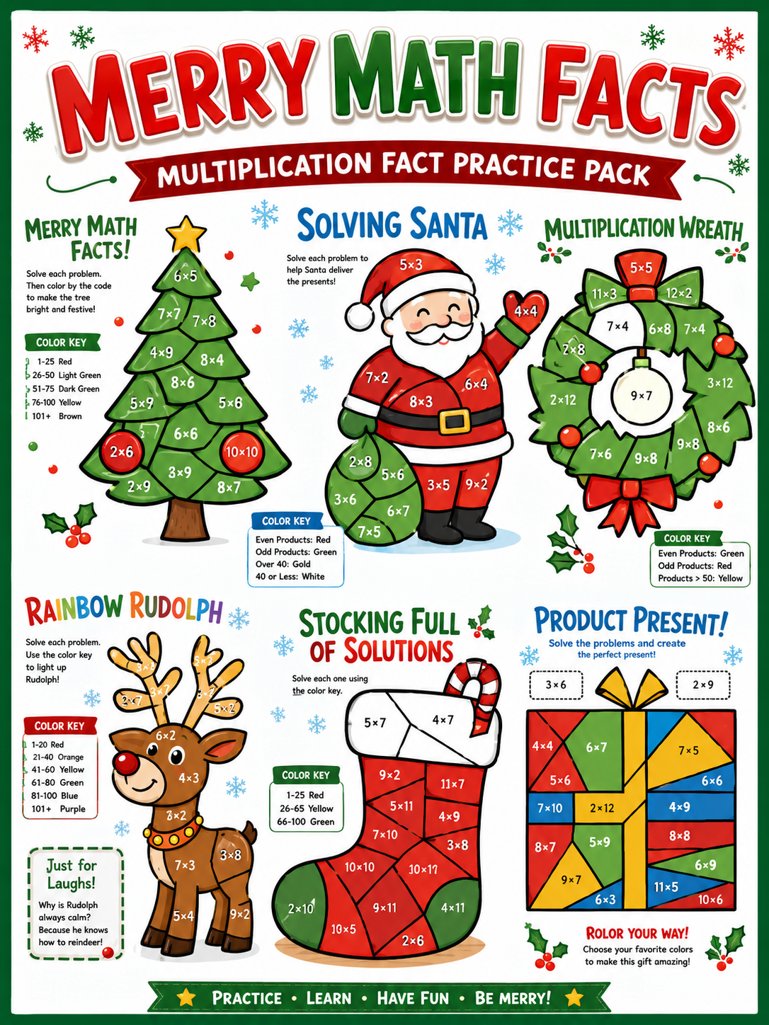 Merry Multiplication Facts-Color By Number Pack-Fun!!