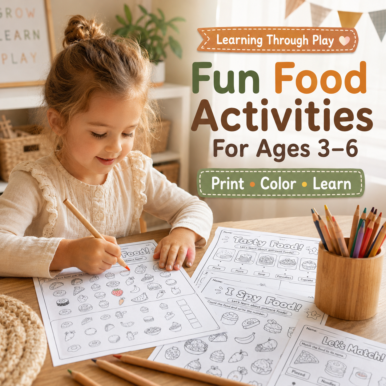 Yummy Food Words – 25 Printable Food Activities for Kids Ages 3–6 | PDF + PNG Bundle + 6 FREE Bonus Pages