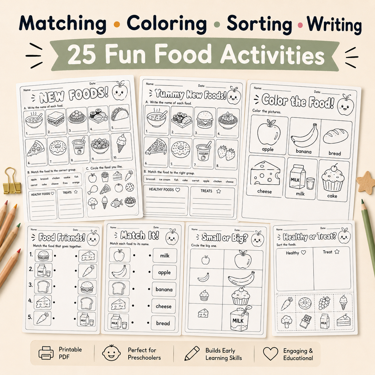 Yummy Food Words – 25 Printable Food Activities for Kids Ages 3–6 | PDF + PNG Bundle + 6 FREE Bonus Pages