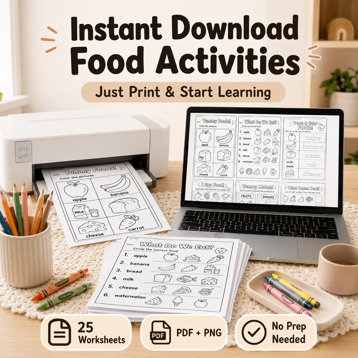 Yummy Food Words – 25 Printable Food Activities for Kids Ages 3–6 | PDF + PNG Bundle + 6 FREE Bonus Pages